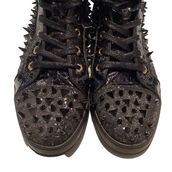 FI-2369 Black Glitter Black Spikes Lace up High top Sneaker Encore by Fiesso main image 11